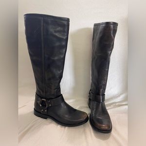 Phillip harness leather tall shaft boots.  Extended calf  dark brown